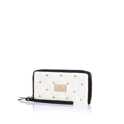 White quilted stud zip around purse