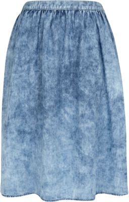 Blue acid wash denim midi skirt