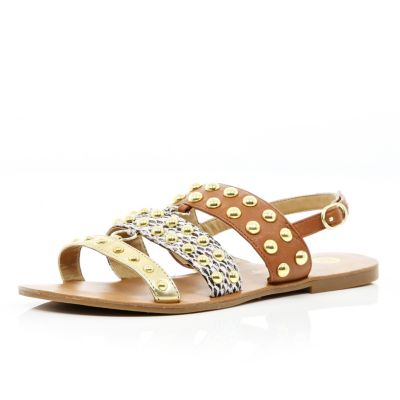 Brown colour block strap studded sandals