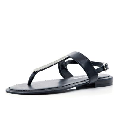 Black metal T bar sandals 