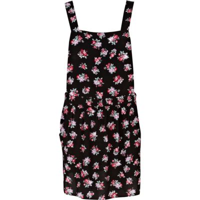 Black floral print low back pinafore dress