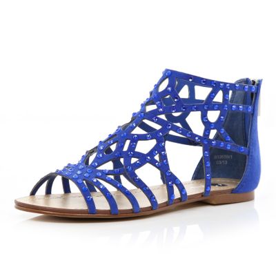 Blue diamante embellished caged sandals