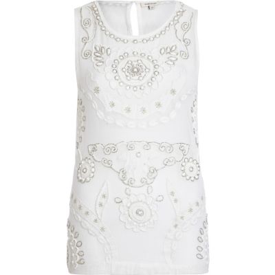 White mesh embellished tank top 