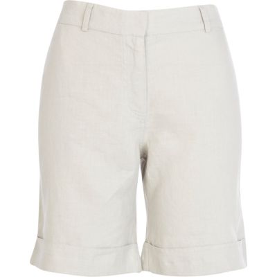 Beige linen long turn up shorts 