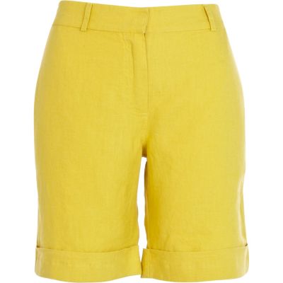 Yellow linen long turn up shorts 