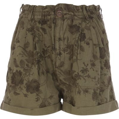 Khaki floral paper bag waist cargo shorts
