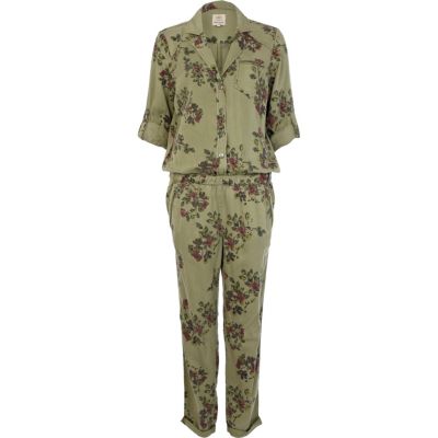 Green floral print boiler suit 