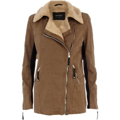Brown shearling lined longline biker jacket
