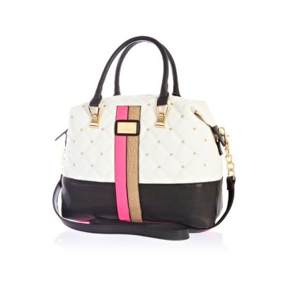 White quilted contrast panel bowler bag