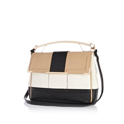 Beige colour block metal handle bag