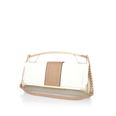 White colour block metal handle clutch bag