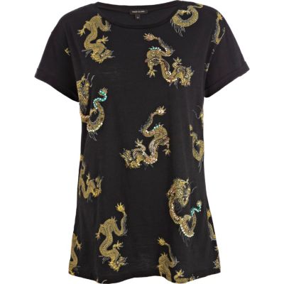 Black dragon print embellished t-shirt