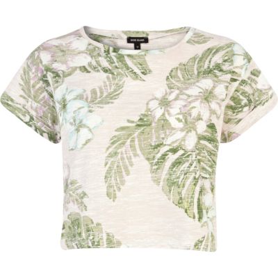 Pale pink tropical print crop top
