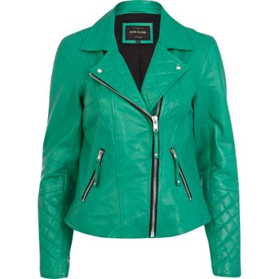 Green leather quilted panel biker jacket
