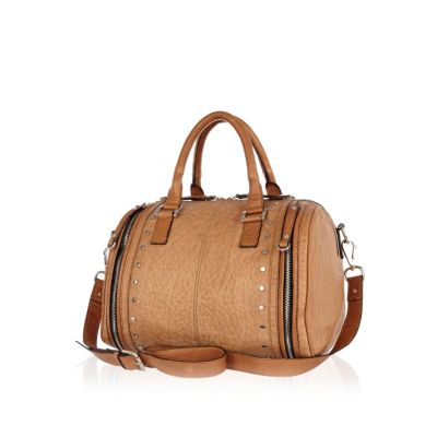 Beige tumbled leather bowler bag 