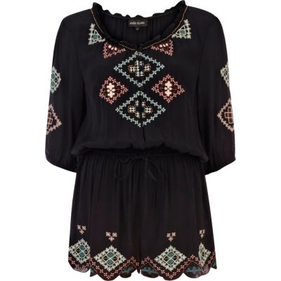 Black embellished pattern peasant playsuit