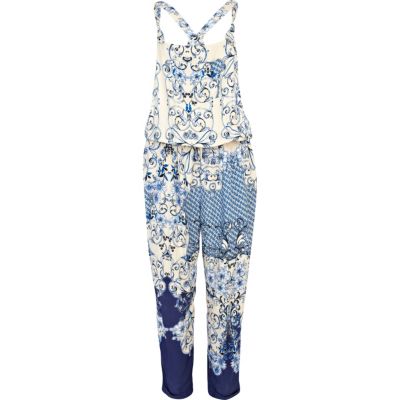 Blue oriental print dungaree jumpsuit