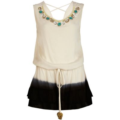 White dip dye embellished waisted dress