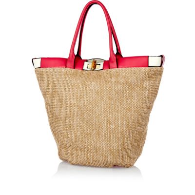 Beige woven contrast trim beach tote bag