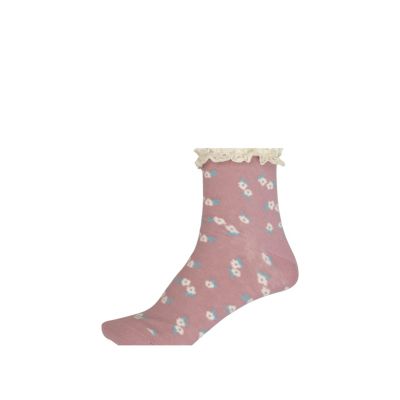 Pink floral lace frill ankle socks