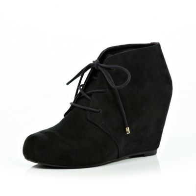 Black and leopard lace up wedge ankle boots