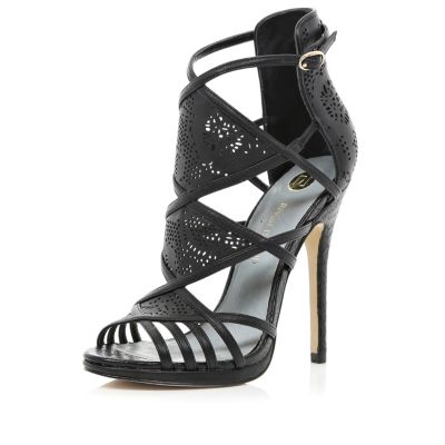 Black laser cut high-vamp stiletto sandals