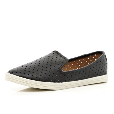 Black laser cut perforated slipper shoes