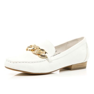 White chain front loafers