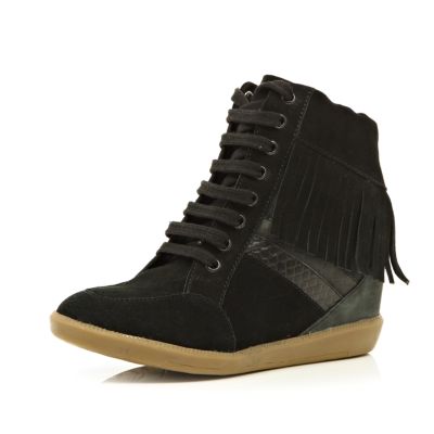 Black contrast panel fringed wedge high tops