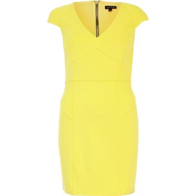 Yellow panelled cap sleeve pencil dress