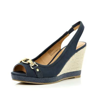 Navy chain front peep toe wedges
