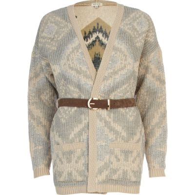 Cream aztec reverse pattern belted cardigan