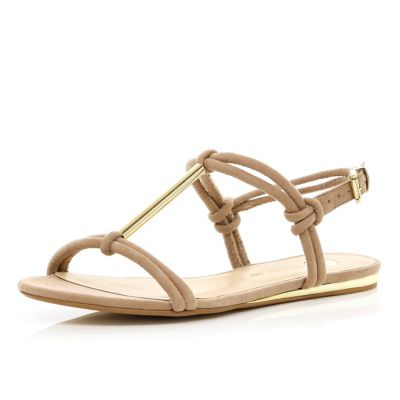 Beige metal T bar sandals