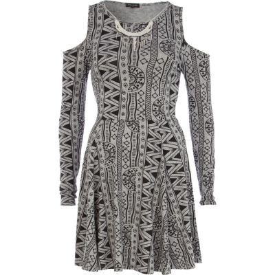 Grey aztec print cold shoulder skater dress