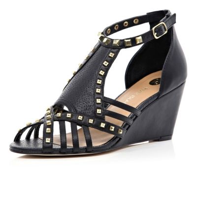 Black studded cage wedge sandals