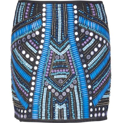 Blue mirror embellished mini skirt