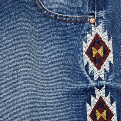 Mid wash aztec embroidered denim skirt