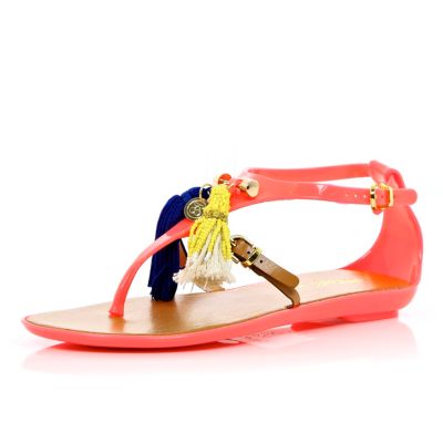 Orange Pacha tassel T bar jelly sandals