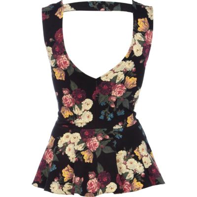 Black floral print sleeveless peplum top