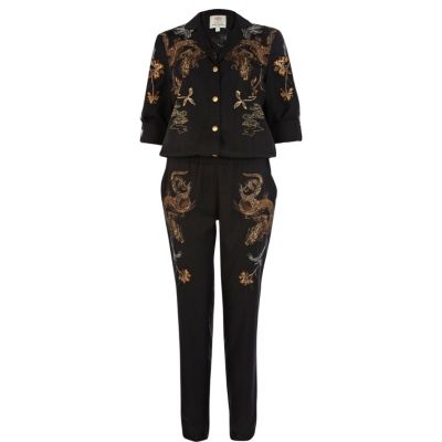 Black oriental dragon print boiler suit
