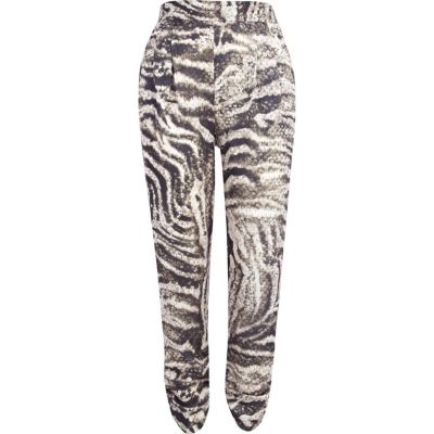 Beige sequin snake print tapered trousers