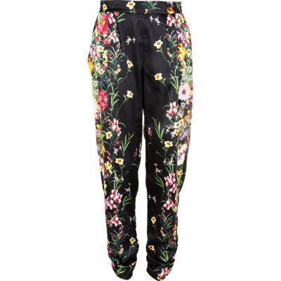 Black floral print ruched tapered trousers
