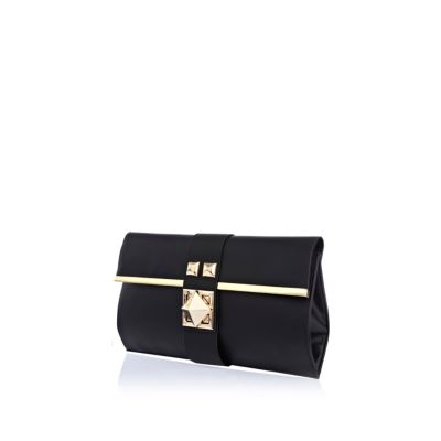 Black pyramid stud twist lock clutch bag