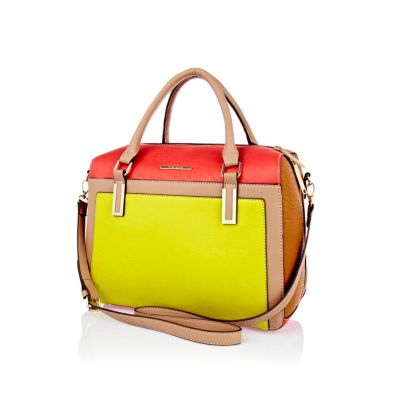 Lime structured colour block bowler bag 