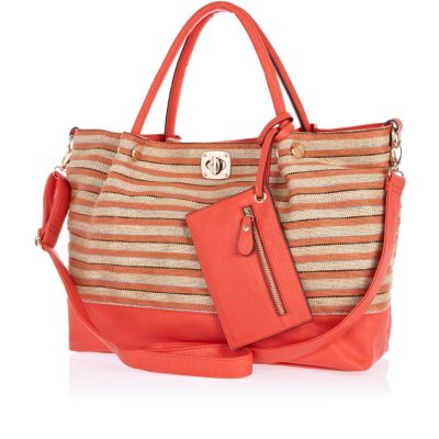 Red striped woven beach bag