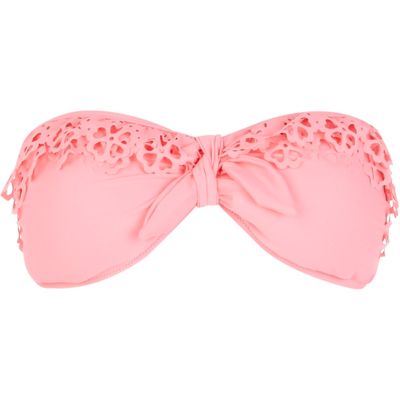 Pink laser cut frill bandeau bikini top