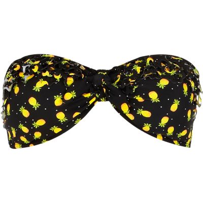 Black pineapple print bandeau bikini top