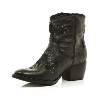 Black floral studded western ankle boots