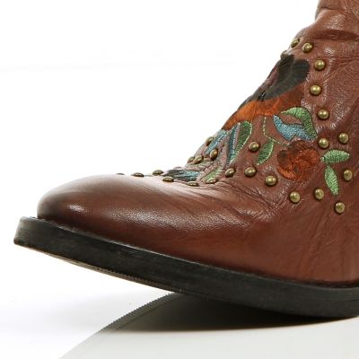 Brown floral studded western ankle boots