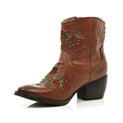 Brown floral studded western ankle boots